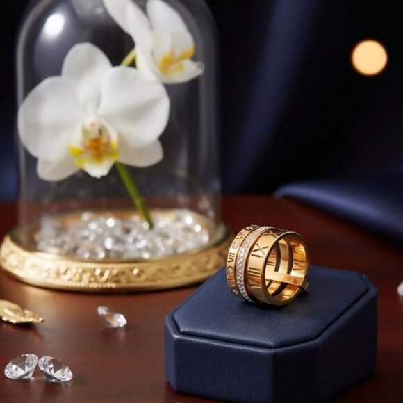 🆕️ Roman Numeral 3-in-1 Spinner Ring 18K Gold Plated Stainless Steel CZ Sz 7.5 - Picture 10 of 14